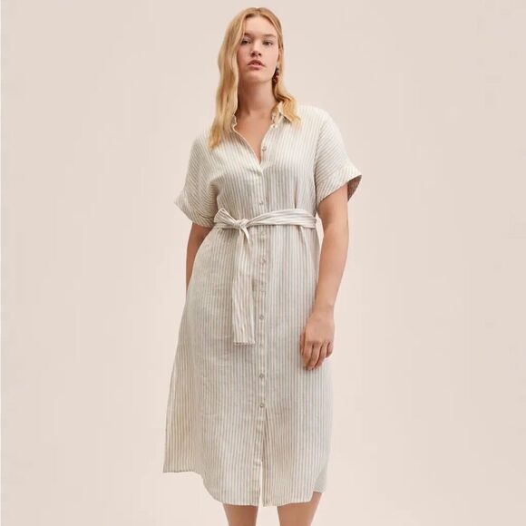 Mango 100% Linen Striped Belted Shirt Dress New - Picture 4 of 11